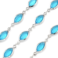 Темно-Голубой Латунные стеклянные цепи с конским глазом, с катушкой, долговечный, пайки, без свинца и без кадмия, стойки покрытие, платина, глубокое синее небо, 16.5x6x2 мм