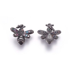 Черный Цвет Металла Латунные микро проложить кубического циркония прелести, Пчелы, красочный, металлический черный , 13.5x14~14.5x3.5 мм, отверстие : 3 мм
