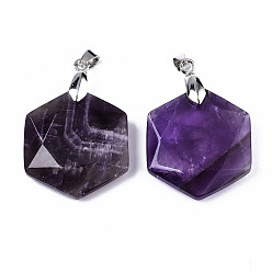 Amethyst Natural Amethyst Pendants, with Platinum Tone Brass Pinch Bail, Faceted, Hexagon, 42.5x29.5x7.5~8.5mm, Hole: 3x5mm