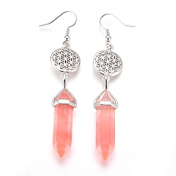Cherry Quartz Glass Pointed Bullet Cherry Quartz Glass Dangle Earrings, with Brass Earring Hooks and Flat Round with Flower of Life Links, Platinum, 77mm, Pin: 0.7mm