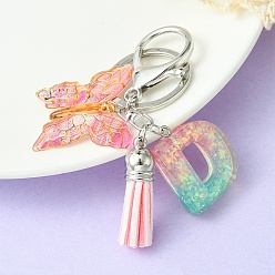 Letter D Resin & Acrylic Keychains, with Alloy Split Key Rings and Faux Suede Tassel Pendants, Letter & Butterfly, Letter D, 8.6cm