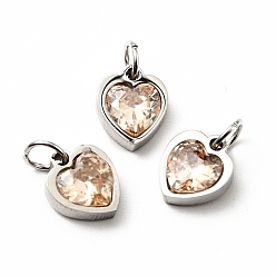 PeachPuff 304 Stainless Steel Pendants, with Cubic Zirconia and Jump Rings, Single Stone Charms, Heart, Stainless Steel Color, PeachPuff, 9x8x3mm, Hole: 3.6mm