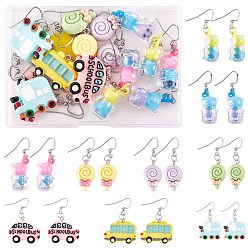 Mixed Color DIY Cartoon Earring Making Kit, Including Car & Lollipop & Imitation Bubble Tea Resin Pendants, 304 Stainless Steel Earring Hooks, Mixed Color, 78Pcs/box
