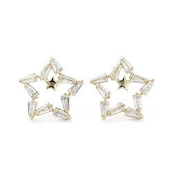 Golden Star Cubic Zirconia Stud Earrings, Brass Earrings, Long-Lasting Plated, Golden, 14.5x15mm