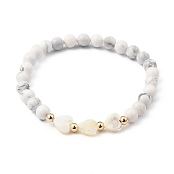 Howlite Stretch Beaded Bracelets, with Heart Natural Trochid Shell Beads, Round Natural Howlite Beads and Golden Plated Brass Beads, Inner Diameter: 2-1/8 inch(5.5cm)
