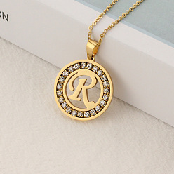 Letter R Crystal Rhinestone Initial Letter Pendant Necklace with Cable Chains, Stainless Steel Jewelry for Women, Golden, Letter.R, 15.75 inch(40cm)
