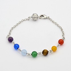 Mixed Stone Trendy Gemstone Beaded Bracelets, with Brass Findings and Lobster Claw Clasps, 7-5/8 inch(19.5cm)