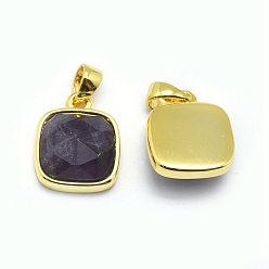 Amethyst Natural Amethyst Pendants, with Golden Tone Brass Findings, Square, Faceted, 13x11x5mm, Hole: 3.5x5.5mm