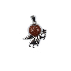 Goldstone Synthetic Goldstone Pendants, Antique Silver Plated Alloy Angel Charms, 36x28mm