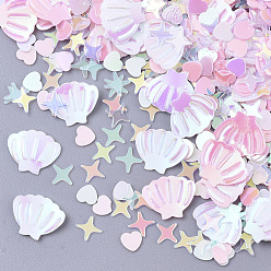 Pink Ornament Accessories, PVC Plastic Paillette/Sequins Beads, Shell & Heart & Star, Pink, 3~6x3~8x0.4mm