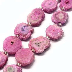 Hot Pink Natural Druzy Quartz Crystal Beads Strands, Solar Quartz, Dyed, Nuggets, Hot Pink, 14~22x13~20x4~6mm, Hole: 1.5~2mm, about 9~12pcs/strand, 7.7~7.9 inch(19.5~20cm)