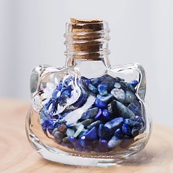 Lapis Lazuli Cat Glass Wishing Bottle Display Decorations , with Natural Lapis Lazuli Chips Inside for Home Office Desk, 38x35mm
