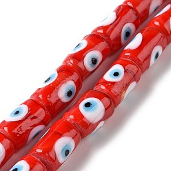 Red Handmade Evil Eye Lampwork Beads Strands, Column, Red, 15x10mm, Hole: 2mm, about 25pcs/strand, 14.76 inch(37.5cm)