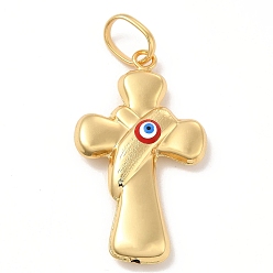 Red Brass Pendants, with Enamel, Real 18K Gold Plated, Long-Lasting Plated, Cross with Evil Eye Charm, Red, 40x26x7mm, Hole: 10x7mm