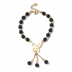 Black Glass Beaded Bracelets, 304 Stainless Steel Butterfly with Tassel Chain Charm Bracelets for Women, Black, 7-1/8 inch(18.1cm)