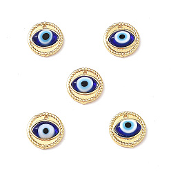 Blue Handmade Lampwork Evil Eye Pendants, with Real 18K Gold Plated Brass Findings, Lead Free & Cadmium free, Flat Round Charm, Blue, 14.5x4mm, Hole: 1mm