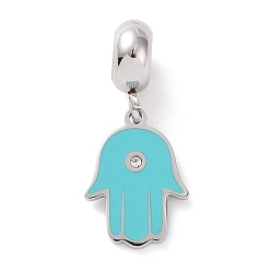 Turquoise 304 Stainless Steel European Dangle Charms, Large Hole Pendants, with Crystal Rhinestone and Enamel, Hamsa Hand/Hand of Miriam, Stainless Steel Color, Turquoise, 24mm, Hole: 4.5mm, Pendant: 15x11x1.5mm
