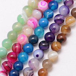 Mixed Color Natural Striped Agate/Banded Agate Bead Strands, Round, Grade A, Dyed & Heated, Mixed Color, 10mm, Hole: 1mm, about 37pcs/strand, 15 inch