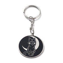 Stainless Steel Color 304 Stainless Steel Pendant Keychain, with Enamel, Flat Round with Cat, Stainless Steel Color, 9.15cm