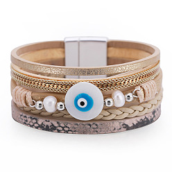 SZ00214-3 Bohemian Vacation Style Multi-layer Woven Demon Eye Pearl Leather Bracelet - European and American Fashion, Retro, Personalized Hand Ornament.