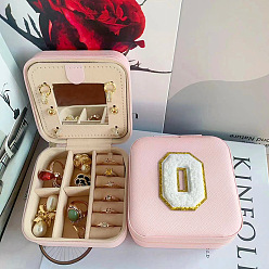 Letter O Letter Imitation Leather Jewelry Organizer Case with Mirror Inside, for Necklaces, Rings, Earrings and Pendants, Square, Pink, Letter O, 10x10x5.5cm