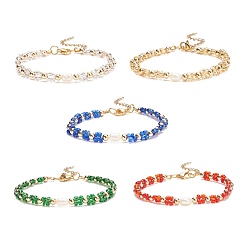 Mixed Color Glass Seed & Imitation Pearl Braided Flower Beaded Bracelet for Women, Mixed Color, 7-1/2 inch(19.2cm)