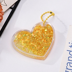 Gold Heart Acrylic Quicksand Keychain, Glitter Chasing Pendant Decorations Sticker Keychain, with Ball Chains, Gold, 65x50mm