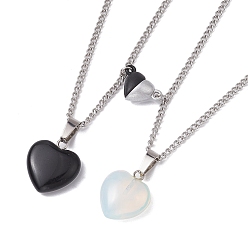 Black Stone 2Pcs 2 Style Natural Black Stone & Opalite Heart Pendant Necklaces Set, 304 Stainless Steel Magnetic Matching Couple Necklaces, 18.11 inch(46cm), 1Pc/style