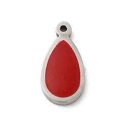 Red 304 Stainless Steel Enamel Charms, Teardrop Charm, Stainless Steel Color, Red, 13x6.5x1.4mm, Hole: 1mm