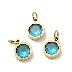 Cyan Vacuum Plating 304 Stainless Steel Pendants, with Cubic Zirconia and Jump Rings, Single Stone Charms, Flat Round, Golden, Cyan, 9.5x7.5x3mm, Hole: 3.6mm