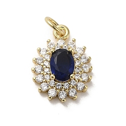 Midnight Blue Brass Micro Pave Cubic Zirconia Pendants, with Glass, with Jump Ring, Real 18K Gold Plated, Flower, Midnight Blue, 17x12.5x5mm, Hole: 3.2mm