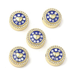 Морской Синий Латунные микро проложить кубического циркония бусы, с эмалью и ракушкой, долговечный, без свинца и без кадмия, реальный 18 k позолоченный, плоско-круглые с сердцем, Marine Blue, 12x5.5 мм, отверстие : 2 мм