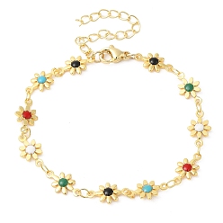 Real 24K Gold Plated Colorful Enamel Flower Link Chain Bracelet, Brass Jewelry for Women, Real 24K Gold Plated, 7 inch(17.8cm)