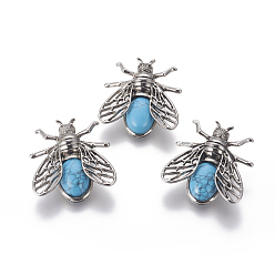 Synthetic Turquoise Synthetic Turquoise Brooches, with Brass Findings, Cicada, Antique Silver, 38x36x8mm, Pin: 0.6mm