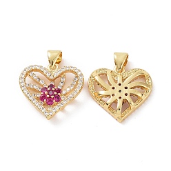 Hot Pink Brass Micro Pave Cubic Zirconia Pendants, Real 18K Gold Plated, Hollow Heart with Flower Charm, Hot Pink, 17.5x18x4mm, Hole: 3.5x4mm