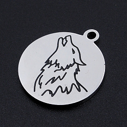 Stainless Steel Color 201 Stainless Steel Etched Pendants, Howling Wolf Pendants, Flat Round with Wolf, Stainless Steel Color, 22x19x1.5mm, Hole: 1.8mm