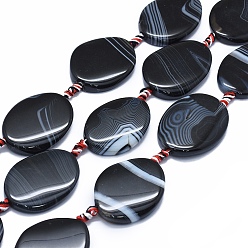 Black Natural Banded Agate/Striped Agate Beads Strands, Dyed & Heated, Twist, Black, 38~42x28~30x6~8mm, Hole: 2~2.5mm, about 8pcs/strand, 15.3 inch~15.9 inch(39~40.5cm)