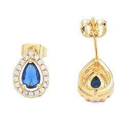 Royal Blue Cubic Zirconia Teardrop Stud Earrings, Golden Brass Jewelry for Women, Nickel Free, Royal Blue, 11x8mm, Pin: 0.7mm