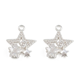 Посеребрённый Латунные микро проложить кубического циркония подвески, звезда, 925 серебро покрытием, 15.5x13x4.5 мм, отверстие : 1.3 мм