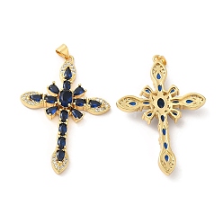 Midnight Blue Brass Pendants, with Glass & Cubic Zirconia, Lead Free & Cadmium Free, Cross Charms, Real 18K Gold Plated, Midnight Blue, 49x34x7mm, Hole: 5.1x3.4mm