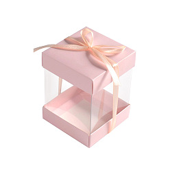 Pink 10Pcs Valentine's Day Clear Plastic Gift Packaging Boxes, with Paper Lid, Rectangle Gift Case with Ribbon, for Flower, Doll, Pink, 6.8x6.8x9.2cm