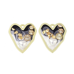 Black Rack Plating Alloy Enamel Pendants, with Resin, ABS Imitation Pearl Beads, Rhinestone and Glass Beads, Cadmium Free & Nickel Free & Lead Free, Heart, Black, 40x34.5x7mm, Hole: 3x3mm