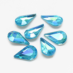 Deep Sky Blue Pointed Back Glass Rhinestone Cabochons, Back Plated, Faceted, AB Color Plated, teardrop, Deep Sky Blue, 13x8x4mm