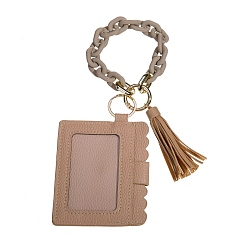 Camel PU Leather Photocard Holders, Hanging Card Protector Sleeve, Name Card Holder with Tassel & Acrylic Chain, Rectangle, Camel, 70x60mm