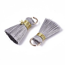 Silver Handmade Polycotton(Polyester Cotton) Tassel Decorations, Pendant Decorations, with Golden Iron Loops, Silver, 17~21x10x5mm, Jump Ring: 6x0.7mm, Inner Diameter: 4.6mm