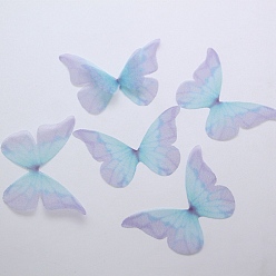 Light Blue Atificial Craft Chiffon 2 Layer Butterfly Wing, Handmade Organza 3D Butterfly Wings, Gradient Color, Ornament Accessories, Light Blue, 40x32mm