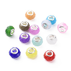 Mixed Color Resin European Beads, Large Hole Beads, with Silver Tone Brass Double Cores, Faceted, Rondelle, Mixed Color, 14x9mm, Hole: 5mm