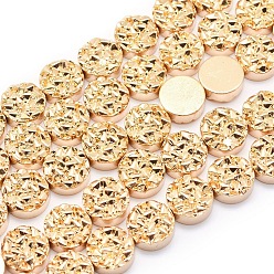 Light Gold Plated Electroplate Non-magnetic Synthetic Hematite Beads Strands, Grade AA, Long-Lasting Plated, Textured Flat Round, Light Gold Plated, 12x4mm, Hole: 1mm, about 33pcs/strand, 15.7 inch(40cm)