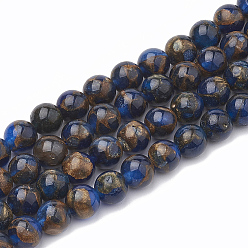Blue Natural Chalcedony Beads Strands, Imitation Gold Clinquant Stone, Dyed & Heated, Round, Blue, 10~10.5mm, Hole: 1mm, about 37~38pcs/strand, 14.96~15.35 inch(38~39cm)