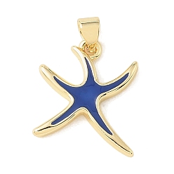 Dunkelblau Messing Emaille-Anhänger, Seestern Charms, Gestell, langlebig überzogen, cadmiumfrei und bleifrei, echt 18 k vergoldet, dunkelblau, 19x17x2.5 mm, Bohrung: 4x3.5 mm